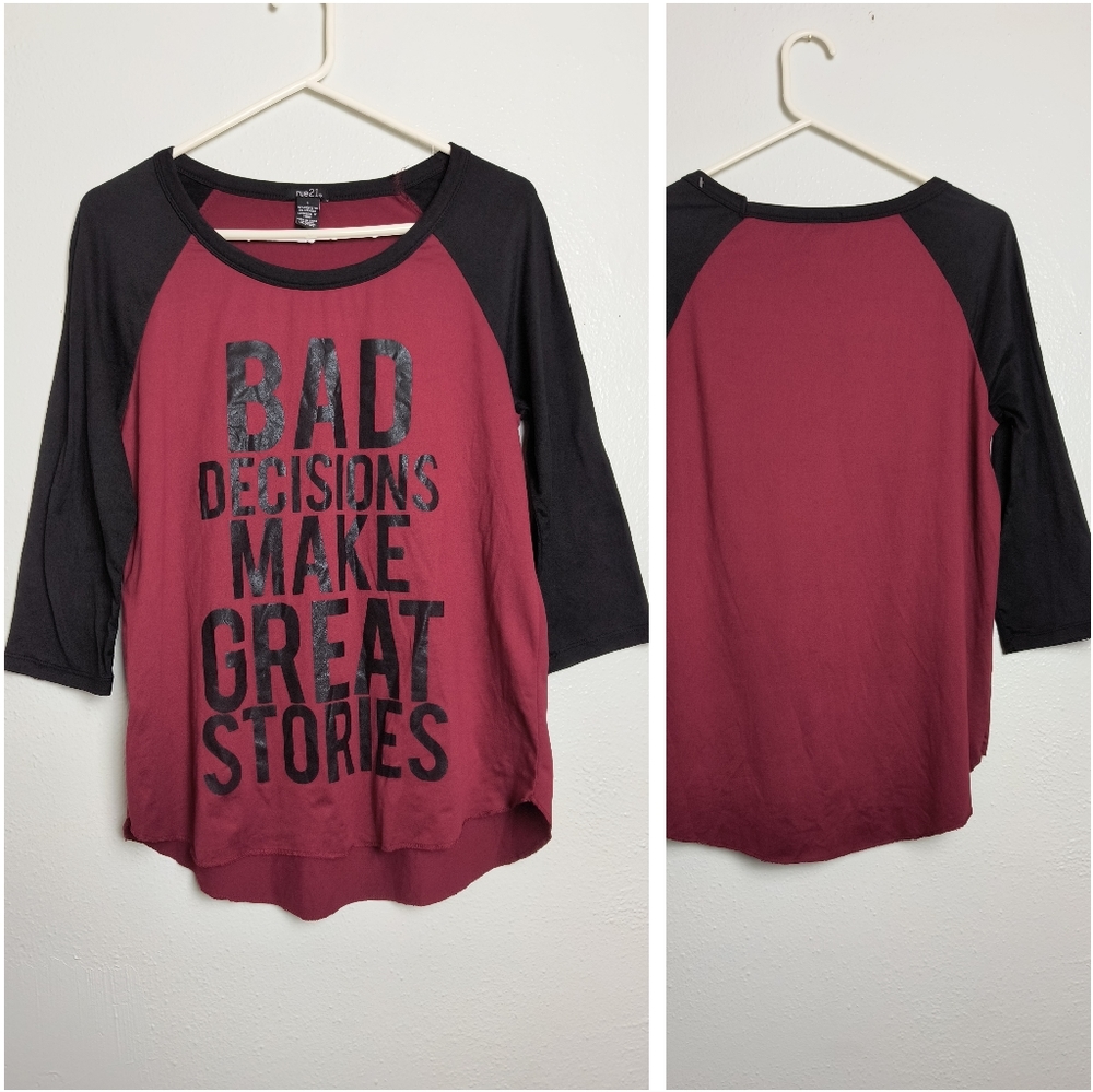Rue21 Baseball T-Shirt Women's Size Large L Burgundy Black Sleeve